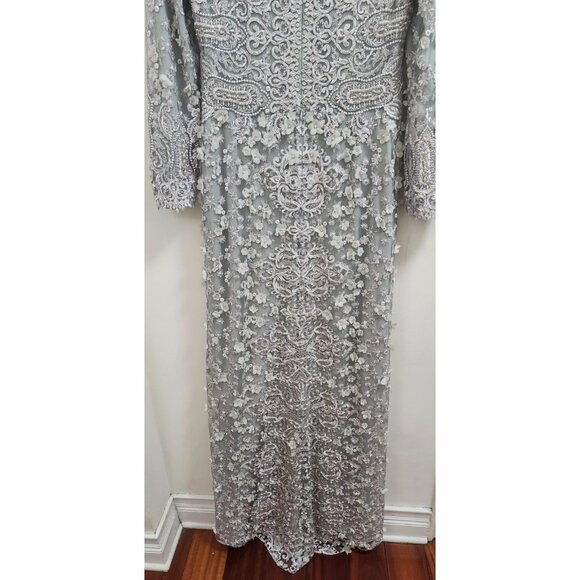 Gemy Maalouf Lace Evening Gown Light Grey Embroidered Long Sleeve Slit Front 12 - Picture 12 of 16